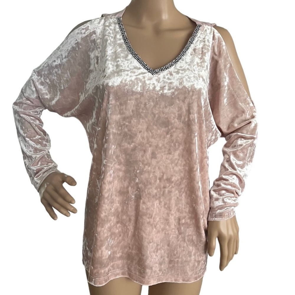 Juicy Couture y2k Pink Crushed Velvet Bling Cold Shoulder Top